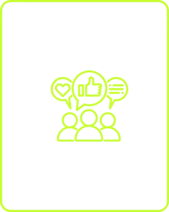 Neon green brand engagement icon with people and feedback symbols – representing community and recognition